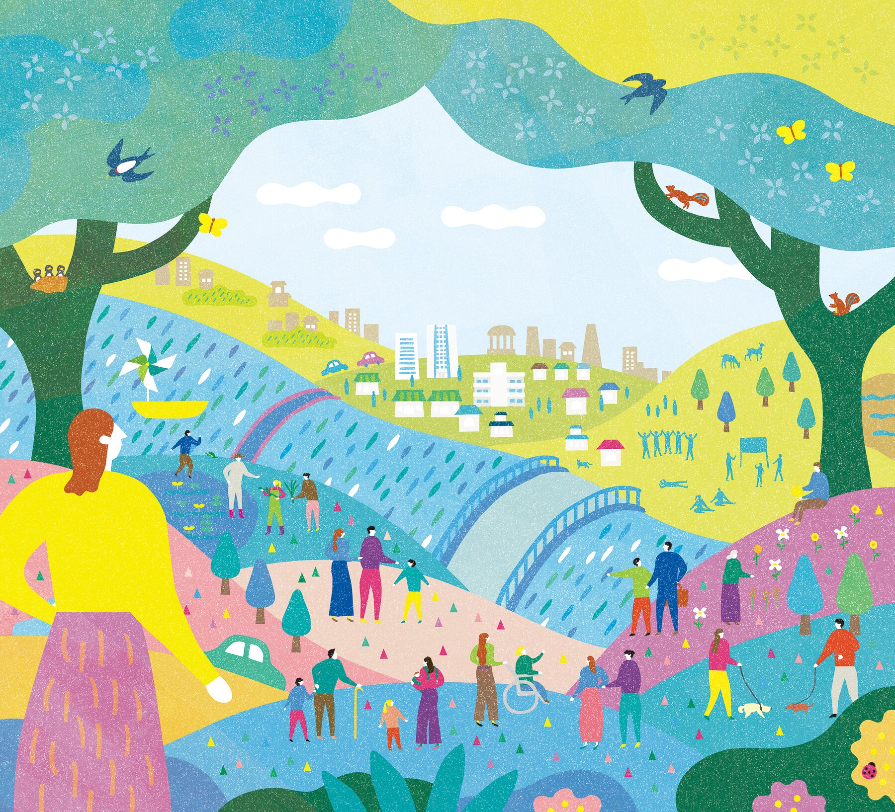 多様な人がつながり、地域で暮らす様子を描いたイラスト
